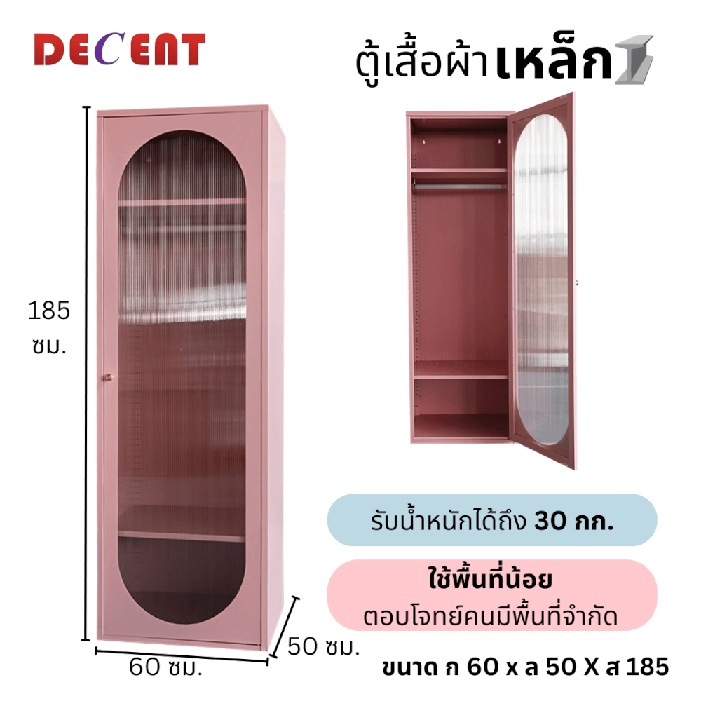 ตู้เสื้อผ้าเหล็ก บานเปิด 1 ประตู DECENT รุ่นมินิ สีชมพู 60ซม._2